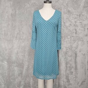 Allison Brittney Womens Polka Dot Dress Teal Blue Bell Sleeve Small Chic Playful